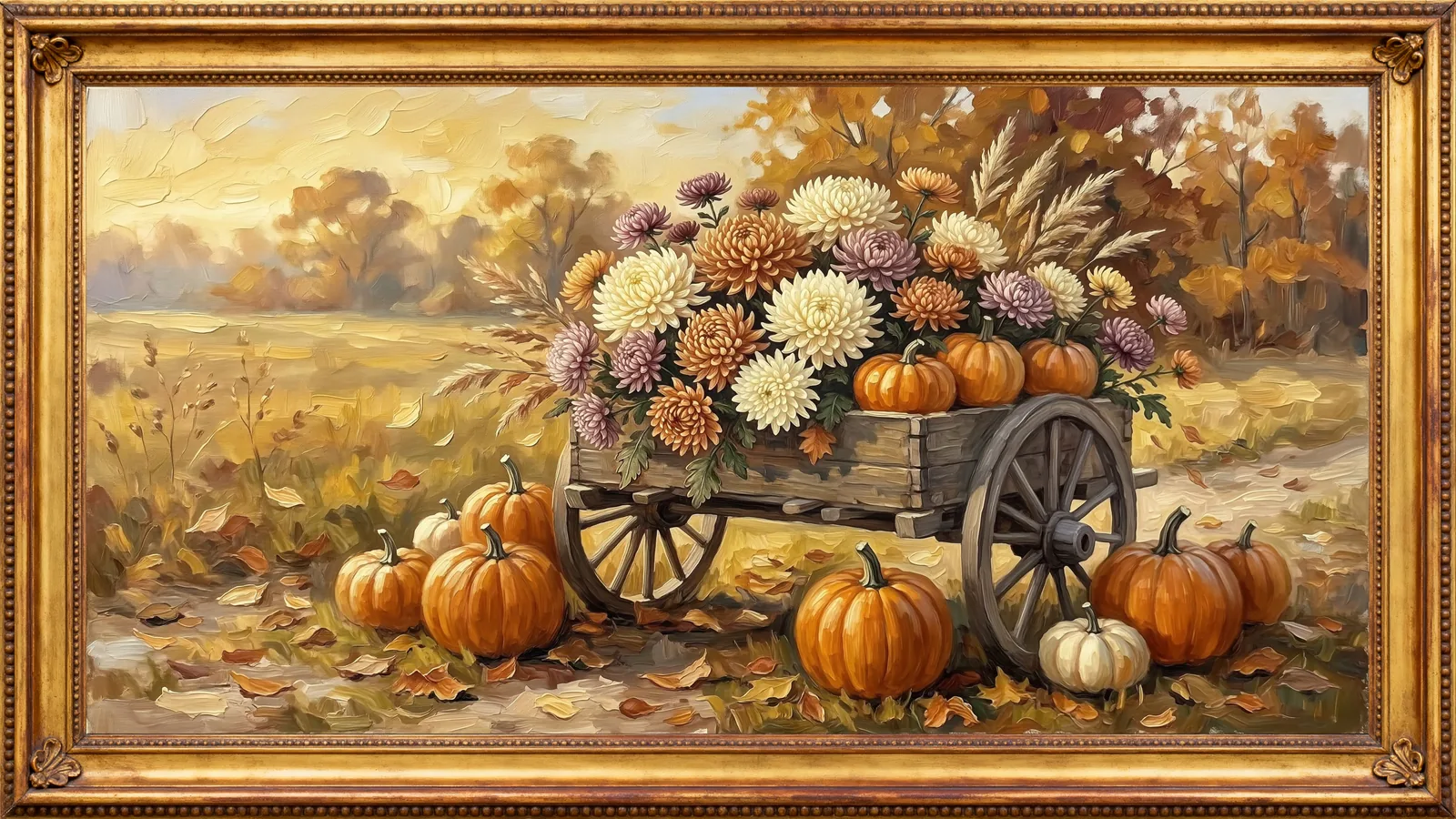 A wooden harvest wagon piled with mums and pumpkins in a golden autumn field, in an ornate gold frame