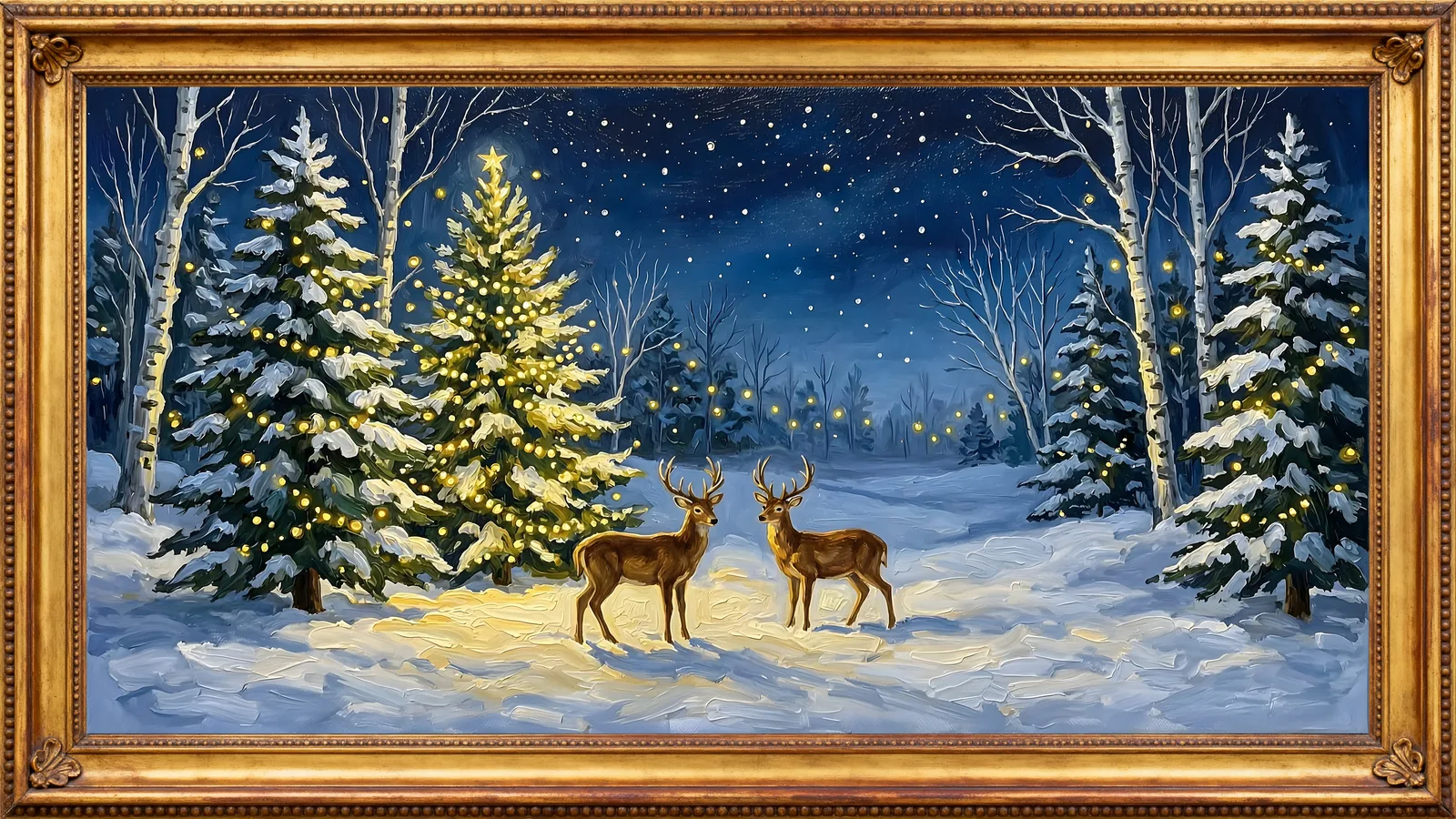 Two deer beneath glowing lit trees in a snowy forest at night, in an ornate gold frame