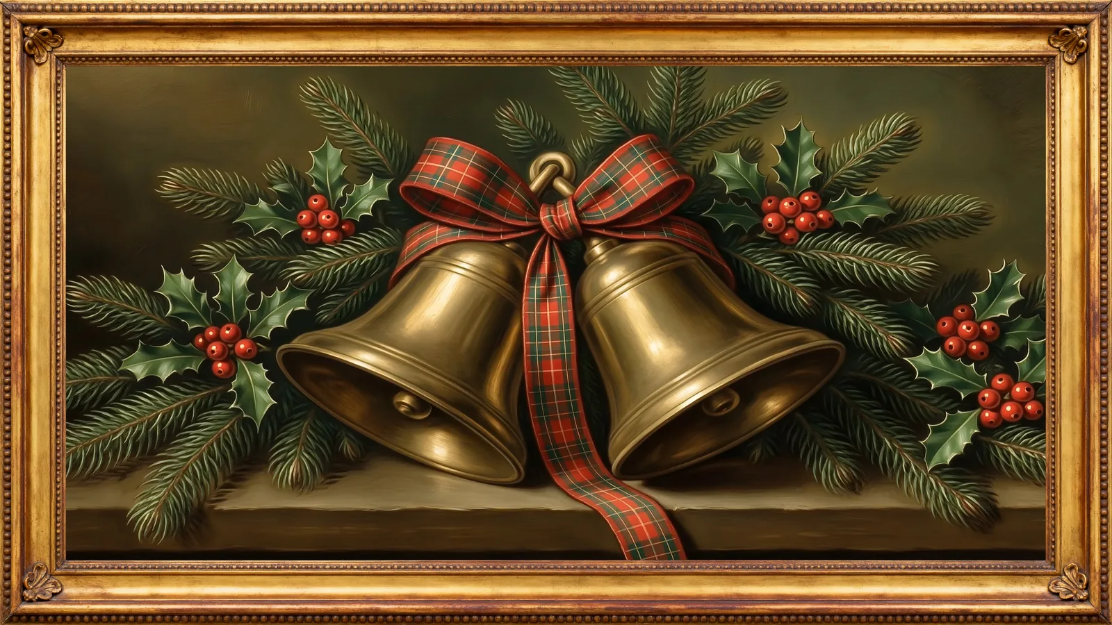 Two brass bells tied with a tartan ribbon among pine and holly, in an ornate gold frame