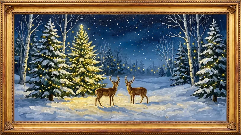 Christmas lights in the winter forest